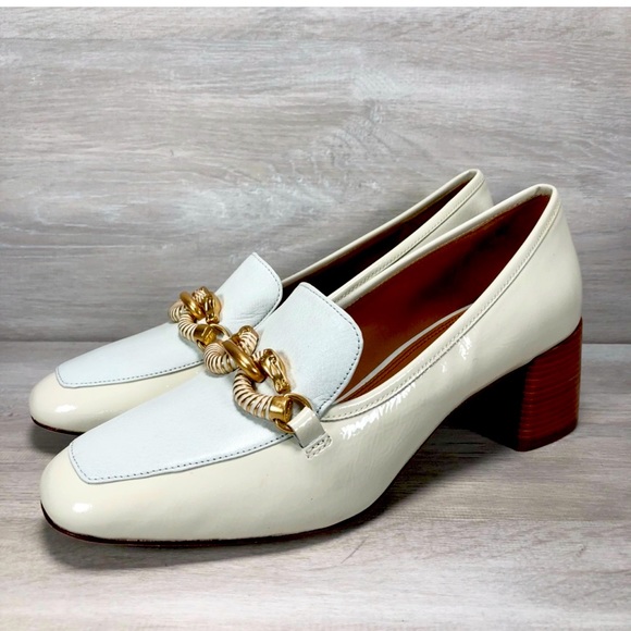 Tory Burch Jessa Goatskin Patent Leather Pump Heel Ivory Mint - Picture 1 of 15